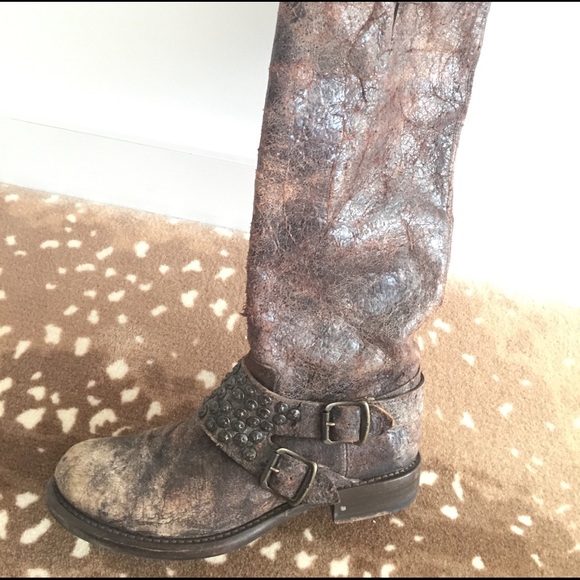 Frye Shoes - Frye Brown Studded Harness Tall Combat Boot